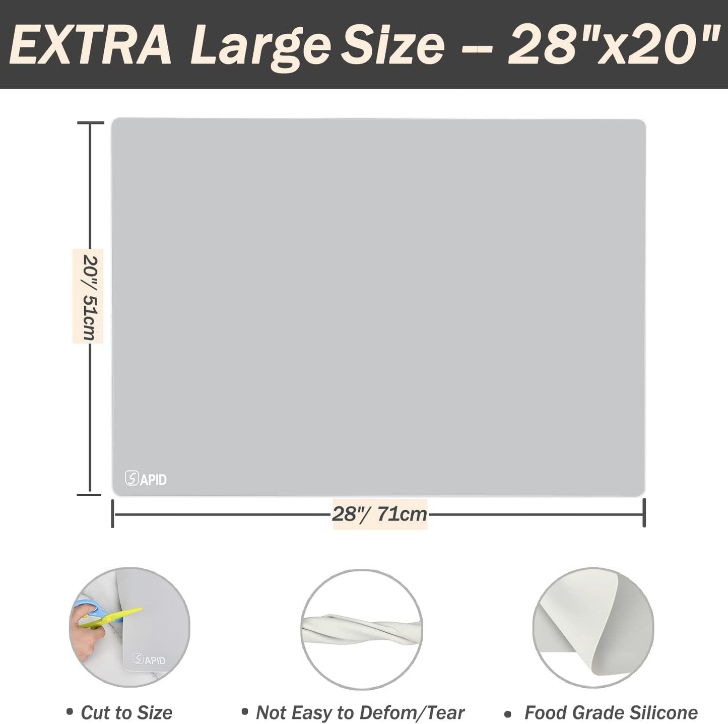 1.5MM Extra Thick Placemats Extra Large Silicone Mat 28" x 20" Heat Resistant Mat for Kitchen Countertop Protector, Washable Place Mats Silicone Mats for Kitchen Counter Mat Table Mat, Grey, Sapid