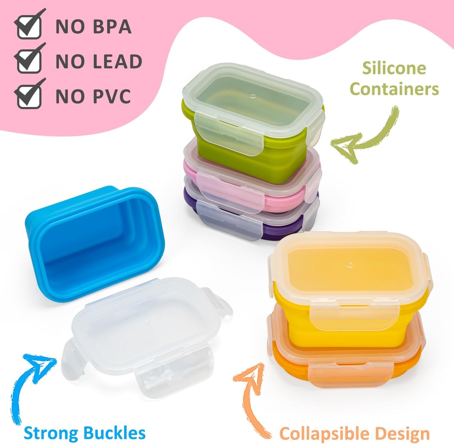 Collapsible Snack Containers With Lids,Collapsible Food Storage Containers,Mini Fridge Organizer,Microwave Freezer Dishwasher Safe(6pcs,6.5oz)