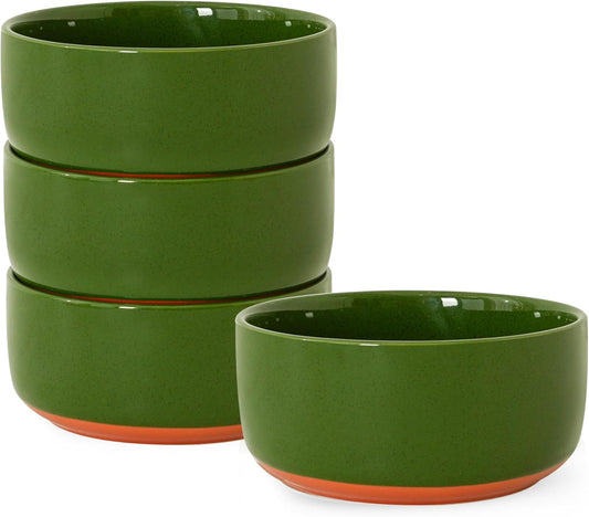 Stoneware Cereal Bowls Set of 4, 6 Inch Deep Bowl for Oatmeal, Soup, Ceramic Bowls Sets, Microwave Safe, Dishwasher Safe, Versatile for All Seasons, Forest Glaze Green