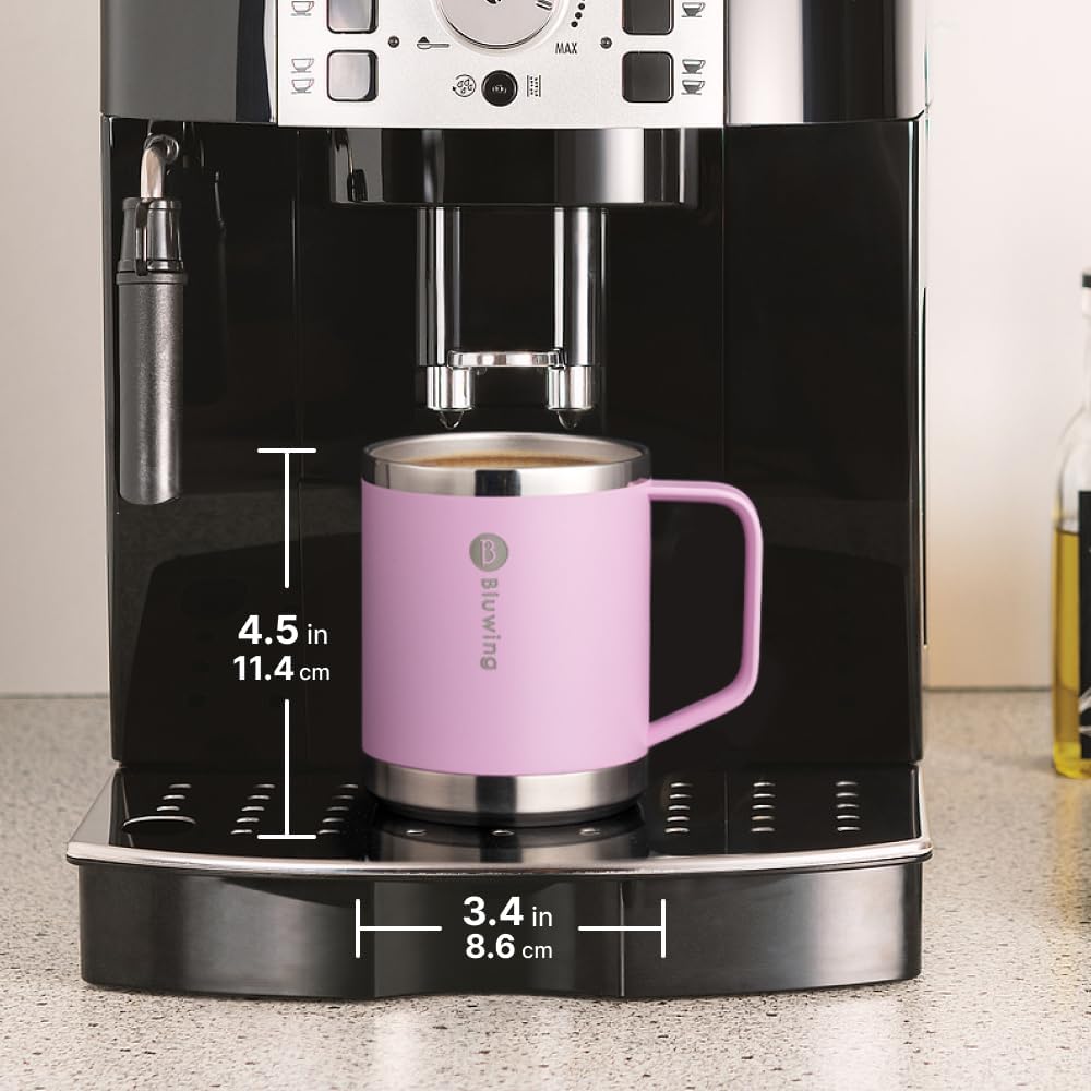 Insulated Coffee Mug with Lid, 12 oz Travel Coffee mug with handle Double Wall Stainless Steel Travel Tumbler Cup, Spill Proof (Purple Pink)