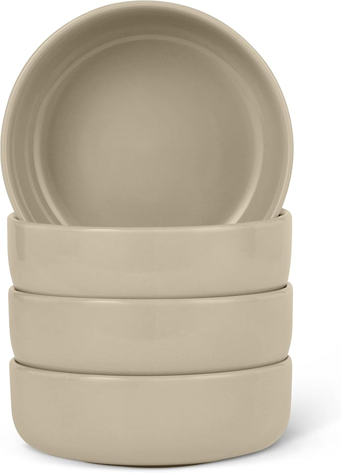 Amazon Basics Glazed Stoneware Bowls, Ceramic 4-Piece Set, Dishwasher-Safe, 5.5 in., Linen Gray
