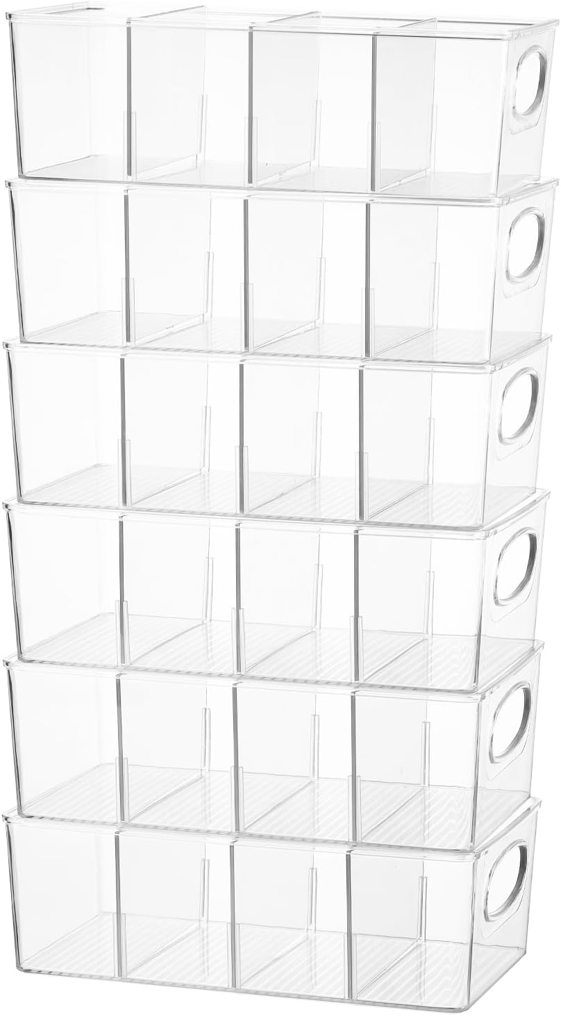 4-Section Divided Storage Plastic Bins, Clear Plastic Food Storage Organizer for Kitchen, Snacks, Spice Packets,Pouches, Stackable Tea Bag Storage Bin (6 Pack)