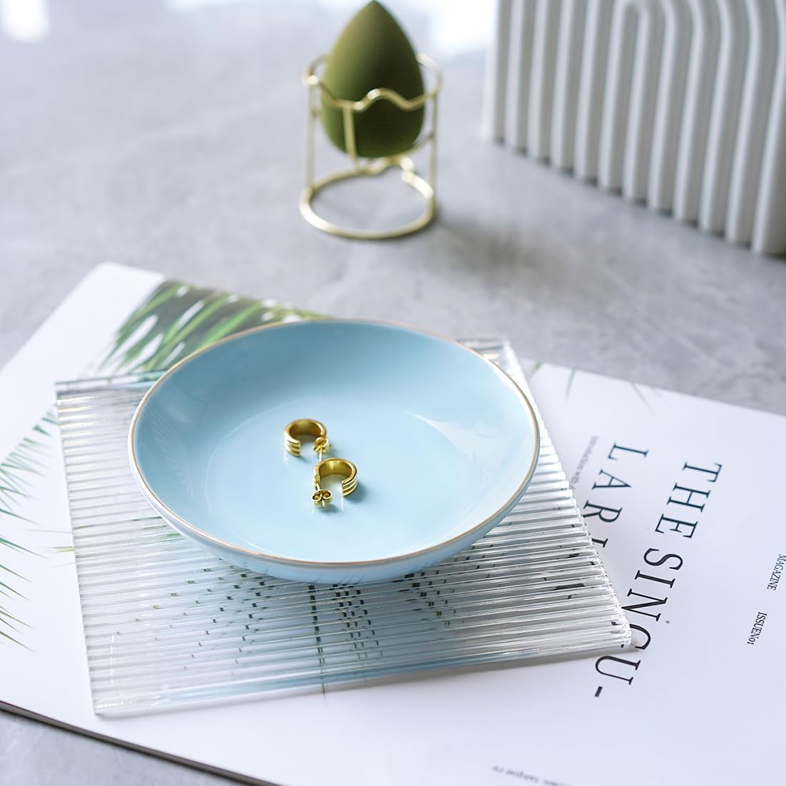 4.75" Ceramic Jewelry Tray, Small Ring Dish Holder Trinket Tray, Catch All Trays for Ring Earring Necklace Key, Christmas Gifts for Women Girls (Light Blue)