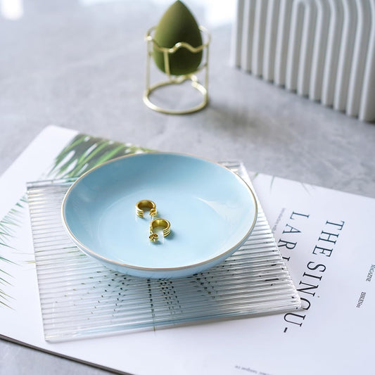 4.75" Ceramic Jewelry Tray, Small Ring Dish Holder Trinket Tray, Catch All Trays for Ring Earring Necklace Key, Christmas Gifts for Women Girls (Light Blue)