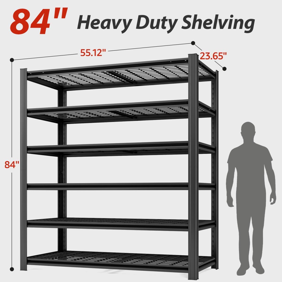 55.12" W 6-Shelf Father&I Industrial Adjustable Heavy-Dudy Tall Metal Steel Garage Storage Shelves Shelving Units/Wire Rack System (Commercial) for Basement/Sho, 84" H*55.12" W*24" D*, Black