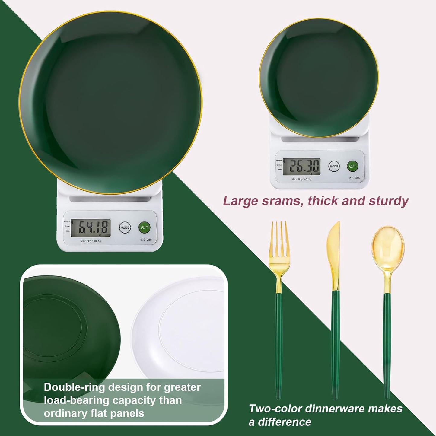 Liacere 150PCS Green Plastic Plates - Gold Plastic Silverware with Green Handle - Heavy Duty Fancy Plastic Plates Disposable Include 30 Guests Plates, Forks, Spoons, Knives for wedding＆Christmas