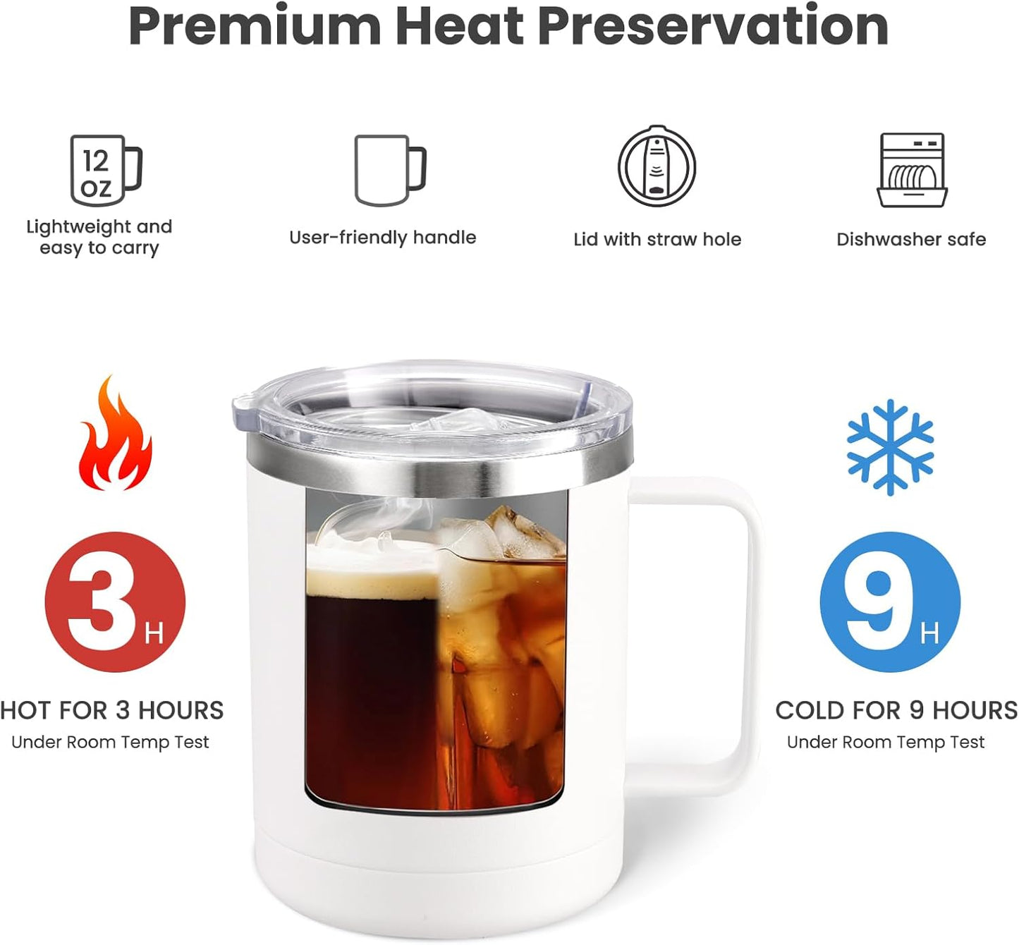 MEWAY 12oz Coffee Mug With Handle 8 Pack Bulk,Stainless Steel Insulated Travel Tumblers With Sliding Lid,Double Wall Vacuum Camping Cup for Hot & Cold Drinks Tea (White,Set of 8)