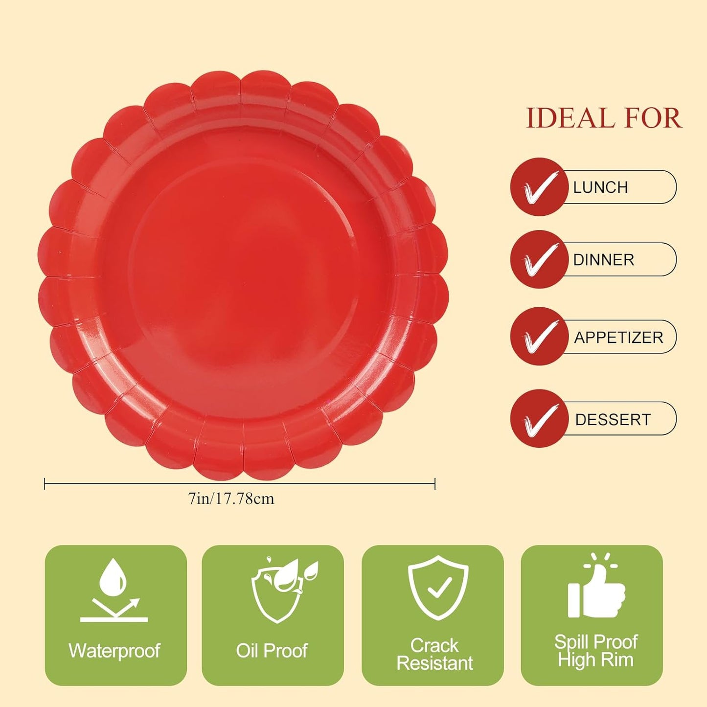 50Pcs Red Paper Plates-7 Inch Red Christmas Scalloped Plates Disposable Dessert Birthday Dinnerware Party Supplies for Wedding Baby Shower Birthday Party Table Decor
