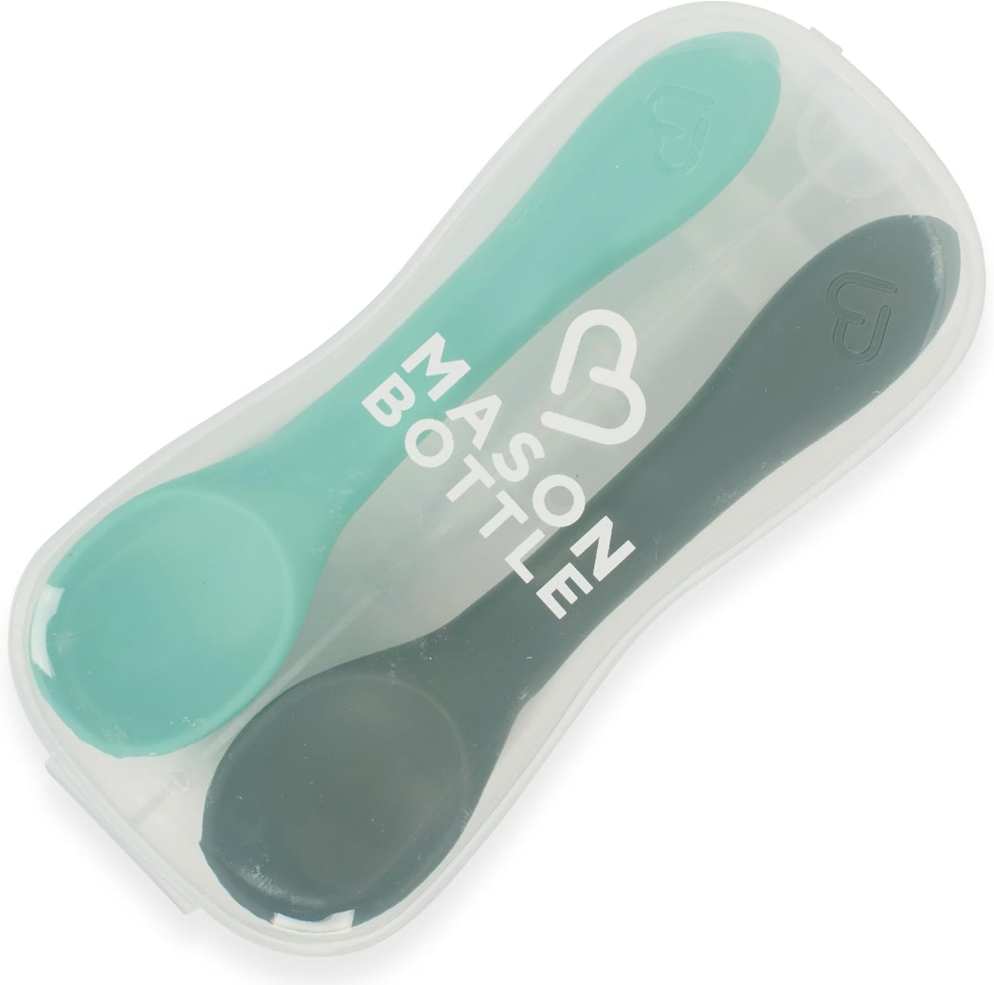 Mason Bottle Silicone Baby Spoons (2-Pack) – BPA-Free Feeding Utensils for Babies 6–12 Months – Puree Spoons with Case, Non-Toxic, Dishwasher Safe (Teal & Grey)