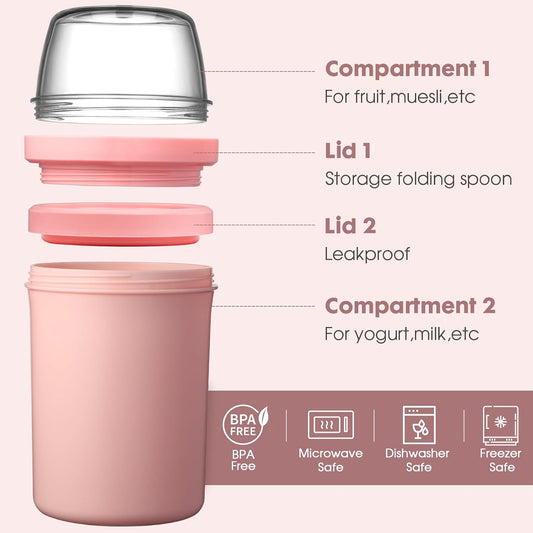 Snack Cup Reusable Snack Container with Lid,Yogurt Parfait Cups and Spoons,600ml+270ml Breakfast On The Go,Portable Cereal To Go Travel Cereal Bowl and Milk Container(Pink)