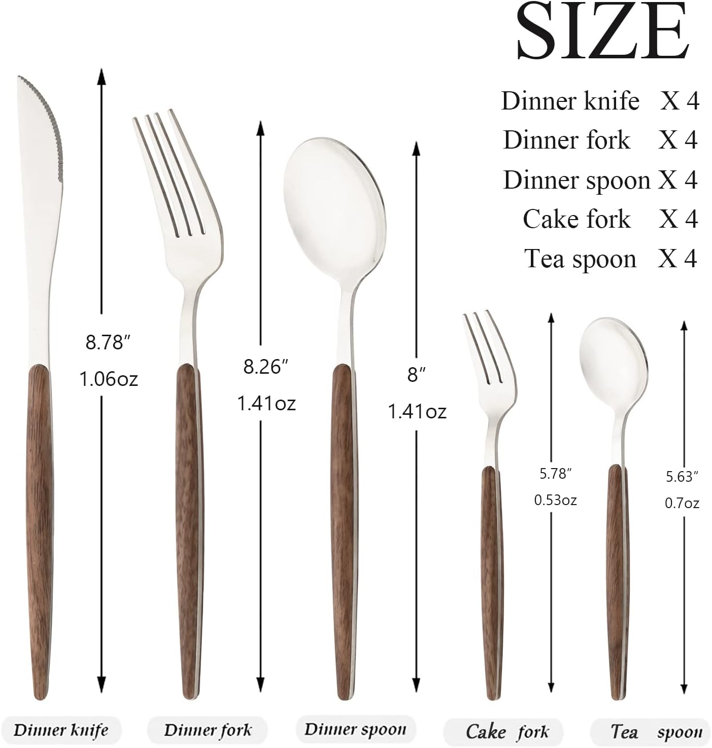 20 Piece (4 Set) Wood Handle Silverware Set, Retro 18/0 Stainless Steel Cutlery Set, Kitchen Utensils Include Knife Fork Spoon, Mirror Polish, Silver