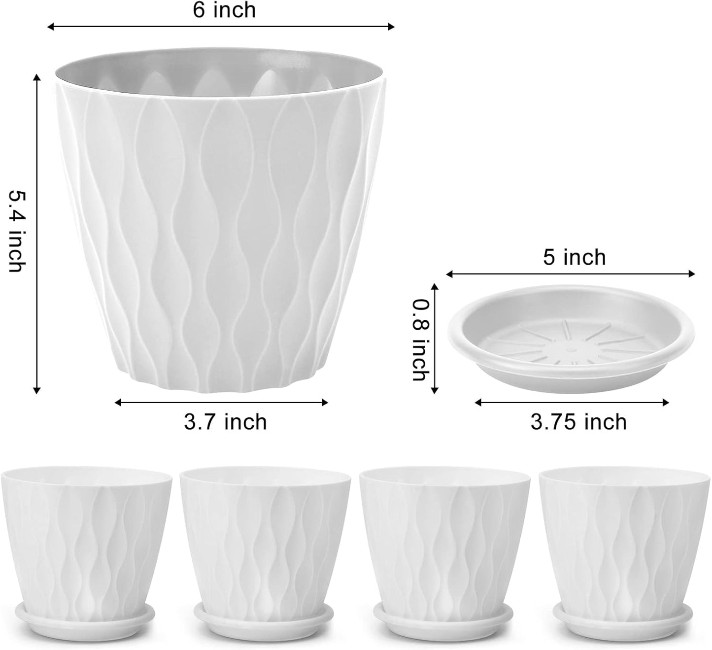 6 inch Plant Pots, 5 Pack Flower Pots Outdoor Indoor, Planters with Drainage Hole and Tray Saucer（White