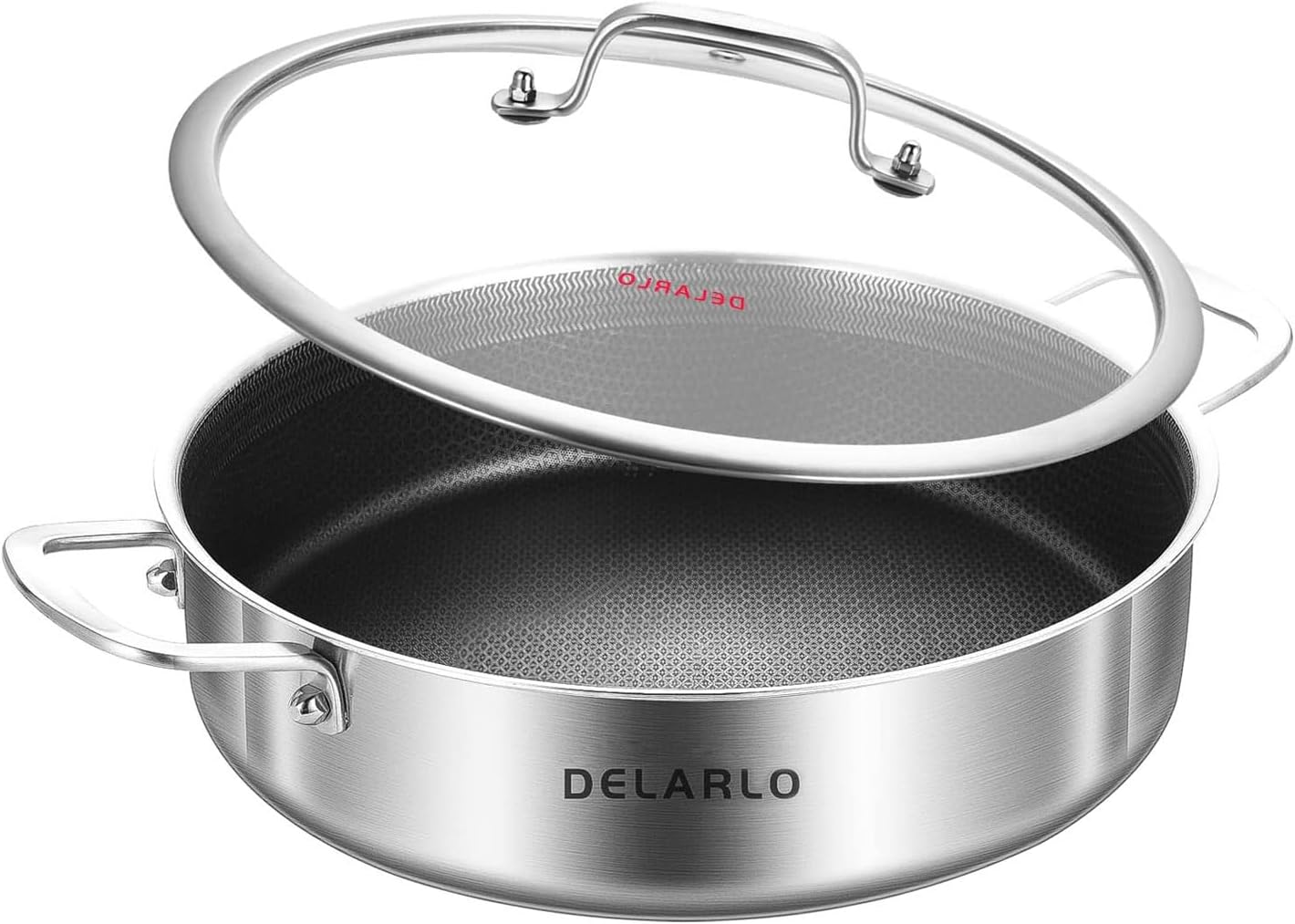 DELARLO Tri-Ply Stainless Steel 10 Inch Deep Frying Pan 3QT Saute Pan With Lid, Induction Compatible Chef Cooking Pan with lid, Dishwasher & Oven Safe