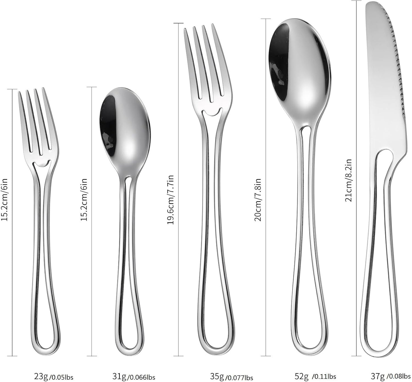 Silvery Flatware Set 4 Hollow Out Cutlery Stainless Steel Silverware 20 Pieces Forks Spoons and Knives Kitchen Utensils Hanging Handle Durable
