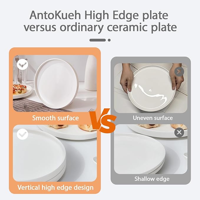 AntoKueh White Ceramic Flat Dinner Plates Set of 6, 10.3 Inch High Edge Porcelain Plates, Large Dish Set for Pizza, Steak, Dishwasher/Microwave safe