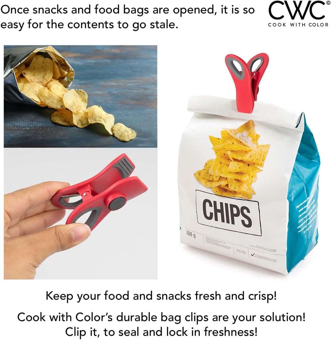 COOK WITH COLOR Bag Clips with Magnet- Food, Chip and Bag Clips for Food Storage with Airtight Seal Grip for Bread Bags, Snack Bags and Food Bags (Red, Pack of 10)