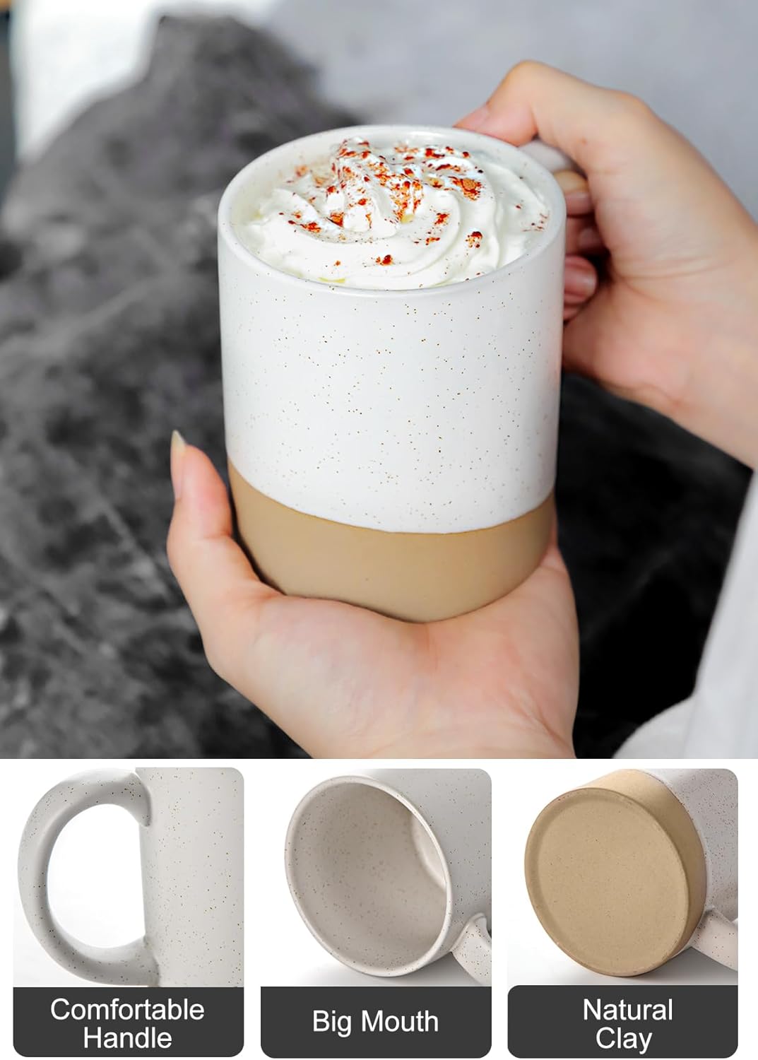 Nucookery 16 oz Large Ceramic Coffee Mugs - Coffee Mugs Set of 2, Modern and Boho Style Coffee Cups for Latte, Cappuccino, Hot Tea, Dishwasher & Microwave Safe, White