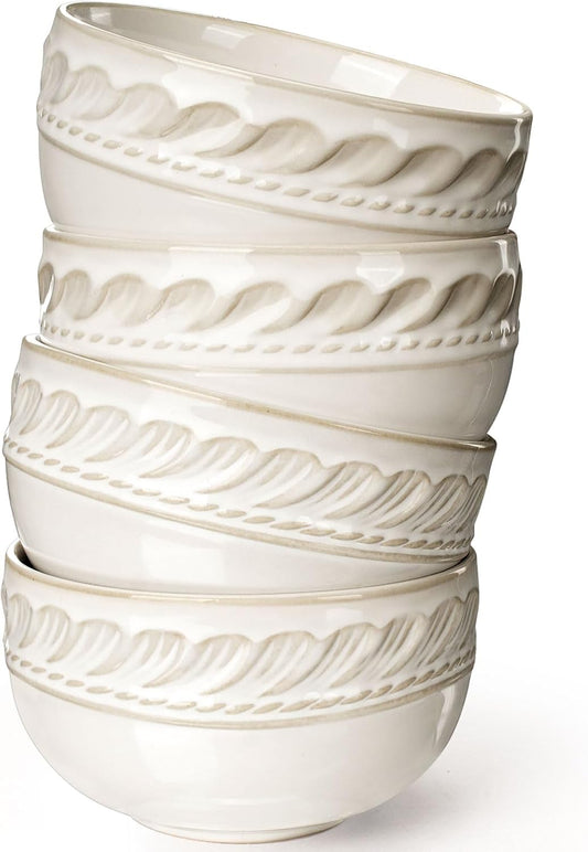 Artena Small Bowls Set of 4, 12 oz Ceramic Embossment Dessert Bowls, white Bowl for Kitchen, Ice Cream, Side Dishes, Rice, Cereal, Fruit, 4.5 Inch, Microwave & Dishwasher Safe, Willow Leaf
