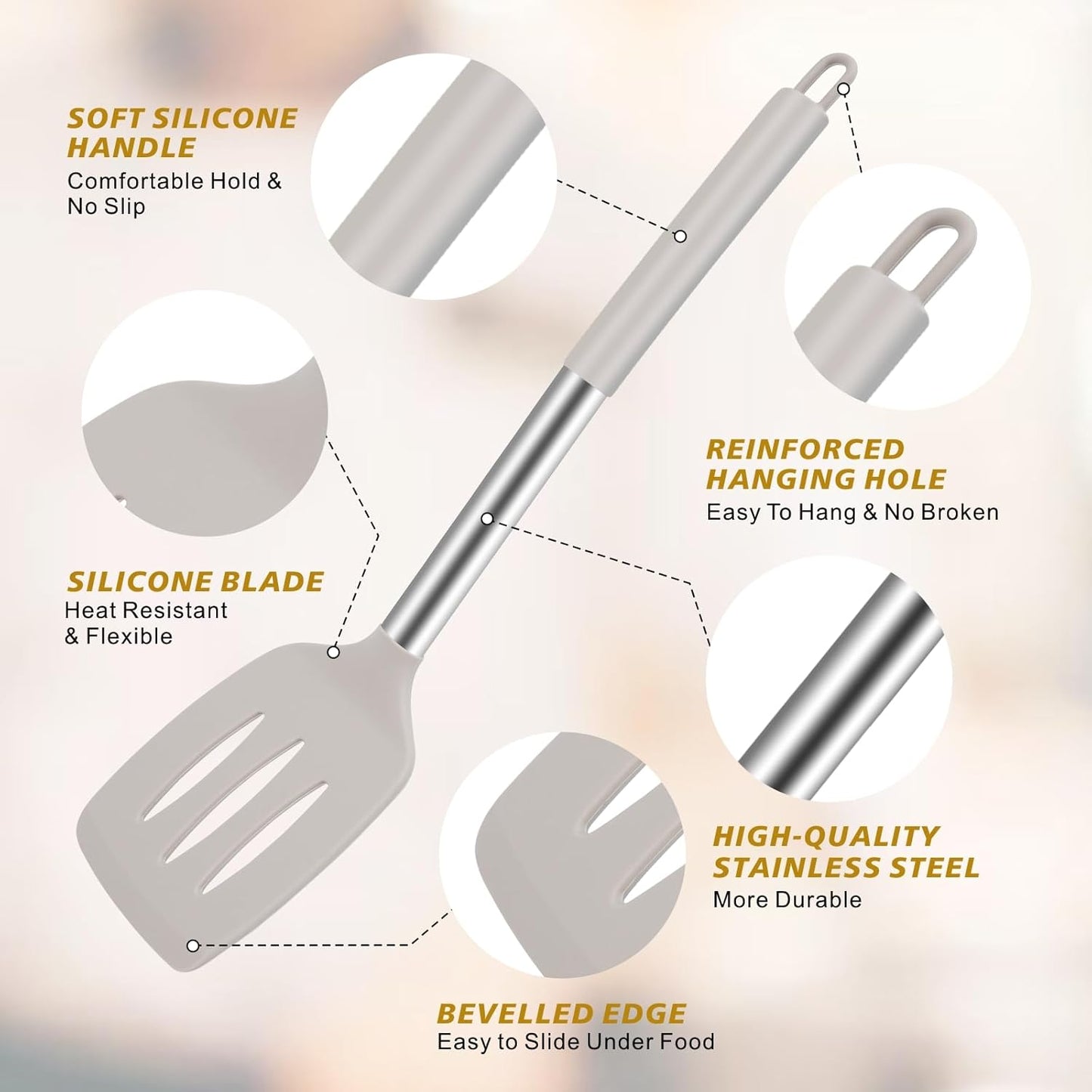 3Piece Silicone Spatula Set, Heat-Resistant, Non-Stick Kitchen Spatulas, BPA-Free, for Eggs, Pancakes, Fish, Woks, Includes Multifunctional shelf spoon pad (khaki)