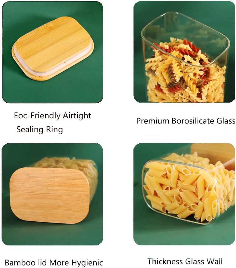 Glass Food Storage Containers with Lids 50 OZ, Set of 4 Canisters for Pantry, Cereal, Flour & Rice, Rectangle Jar with Bamboo Airtight Lids - Ideal for Kitchen Organization