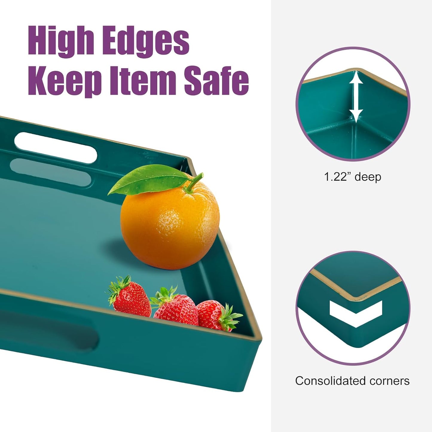 Gifturbo Teal Serving Tray,Rectangular Serving Trays with Handles, Plastic Coffee Table Tray Decorative Tray for Ottoman,Living Room, Bathroom, 15.7” x 10.2” x1.37”