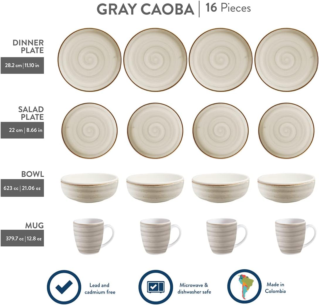 Corona 16-piece Rustic Aestethic Hand-Painted Versatile Ceramic Dinnerware Sets | Plates, Bowls and Mugs | Service For 4 | Gray Caoba