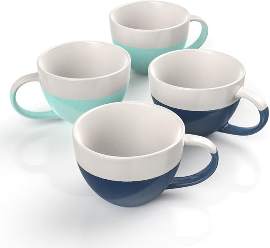 Francois et Mimi Set of 4 Oversized 16oz Wide-mouth Soup & Cereal Ceramic Coffee Mugs (Blue and White), Bowls For Soup, Cocoa, Latte and More. Dishwasher and Microwave Safe.