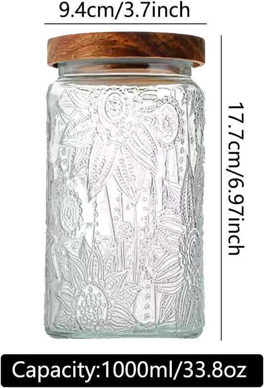 ANSQU Vintage Glass Storage Jar, 34oz Glass Canister Storage Jar Container with Airtight Wooden Lid for Kitchen Counter, Pantry, Coffee, Tea, Sugar, Cookie Jars (Square-Sunflower)