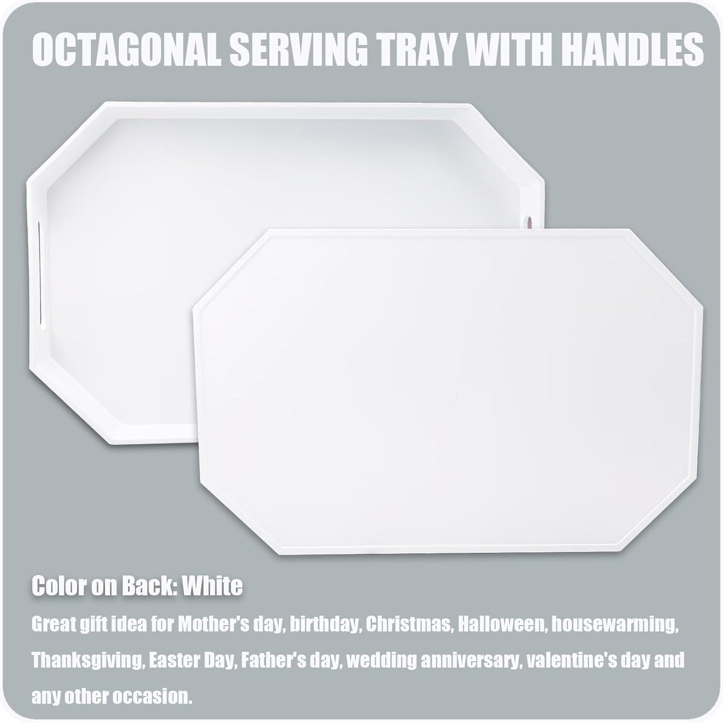 White Octagonal Serving Tray with Handles for Coffee Table, Plastic Decorative Tray for Ottoman, Kitchen Counter, Living Room, Outdoor Lacquer Tray for Entertaining