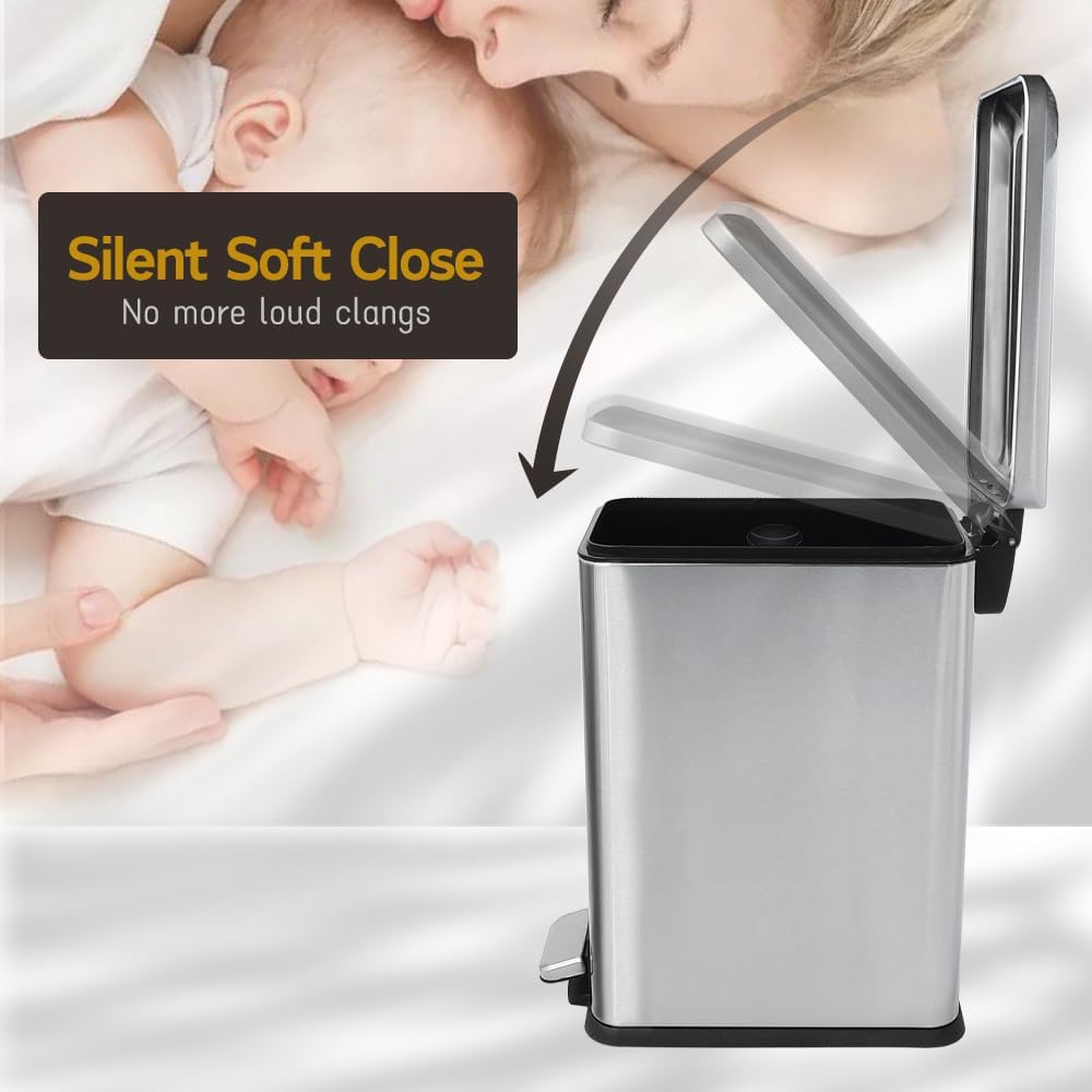 Silver 10L/2.6 Gallon Bathroom Trash Can with Lid,features a removable inner bucket, a soft - close lid and a stainless - steel step pedal,ideal for use in the bathroom, kitchen, and home office.