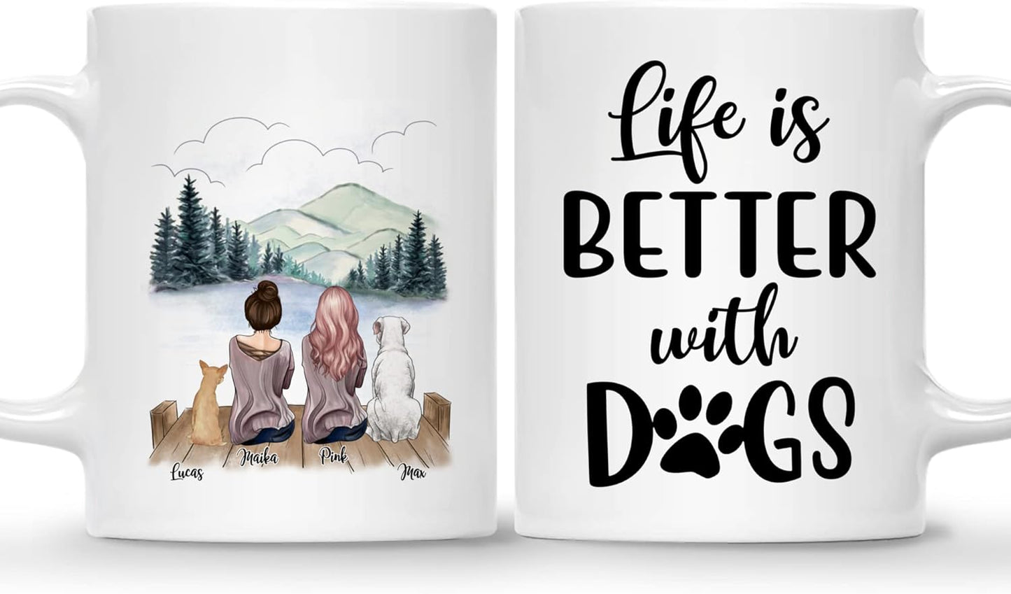 Gossby Personalized Dog Mug - Life is Better with Dogs (2 Girls - 2 Dogs) - 11oz, 15oz Custom Dog Mom Coffee Mugs - Dog Lover Gifts for Women Dog Mom Personalized with Female Characters, Dog Breeds