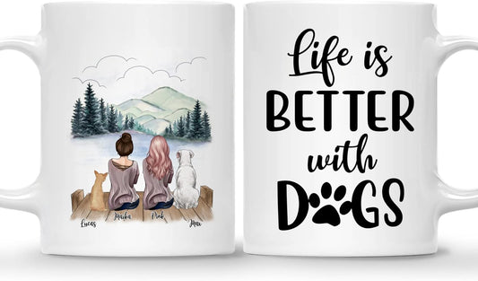 Gossby Personalized Dog Mug - Life is Better with Dogs (2 Girls - 2 Dogs) - 11oz, 15oz Custom Dog Mom Coffee Mugs - Dog Lover Gifts for Women Dog Mom Personalized with Female Characters, Dog Breeds