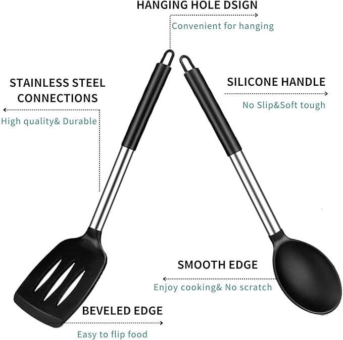 Large Cooking Utensils Set of 4Silicone Slotted&Solid Spatula and Spoon,Non-stick&Heat Resistant Silicone Kitchen Utensils,Ideal Kitchen Cookware for Turning, Fried, Draining, Mixing (Black)