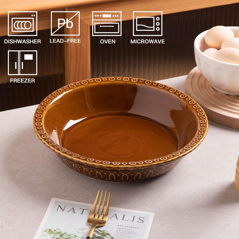 Sweejar Ceramic Pie Pan for Baking,Round Baking Dish Pan for Dinner 10 Inches, Pie Dish Non-Stick Pie Plate for Quiche, Tart, Cake, Pumpkin Pie, Pot Pies (Brown)