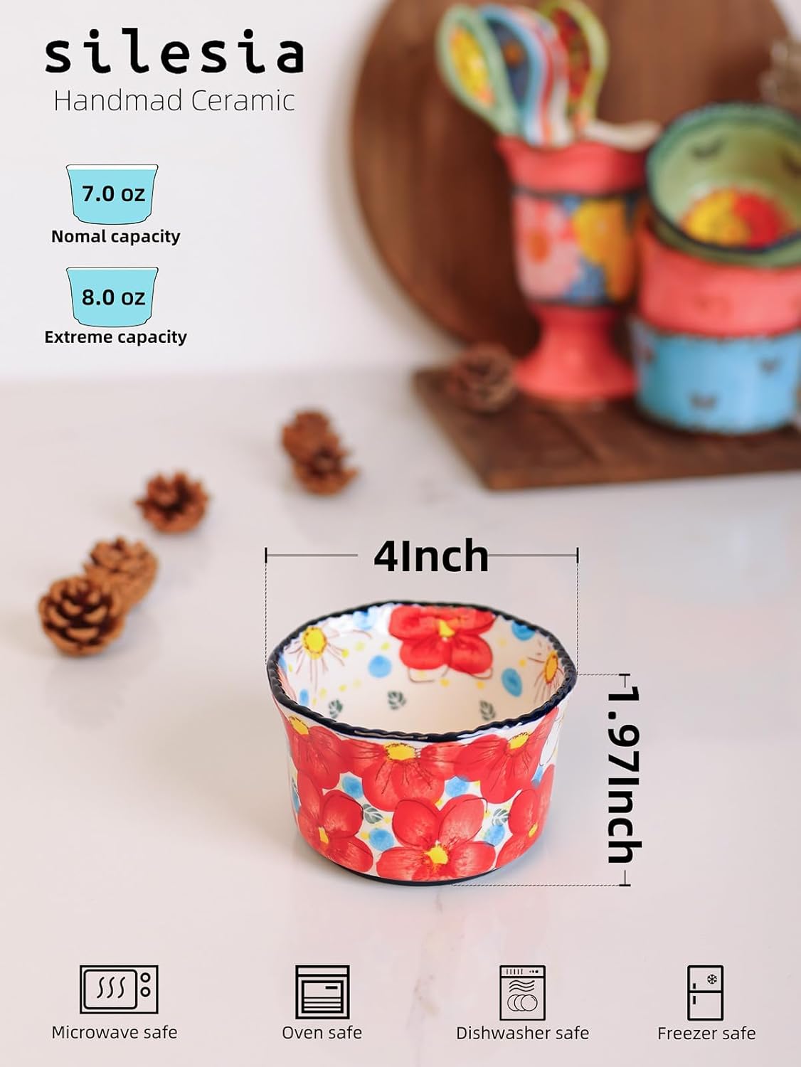 Handmade 7 oz Small Bowls - Ceramic Hand Painted Bowl Great for Ramekins, Dipping, Side Dish, Dessert, Sauce, Ice cream, Appetizer, Sushi in Gift Box, 3.5 inch, Set of 3, Jungle Floral