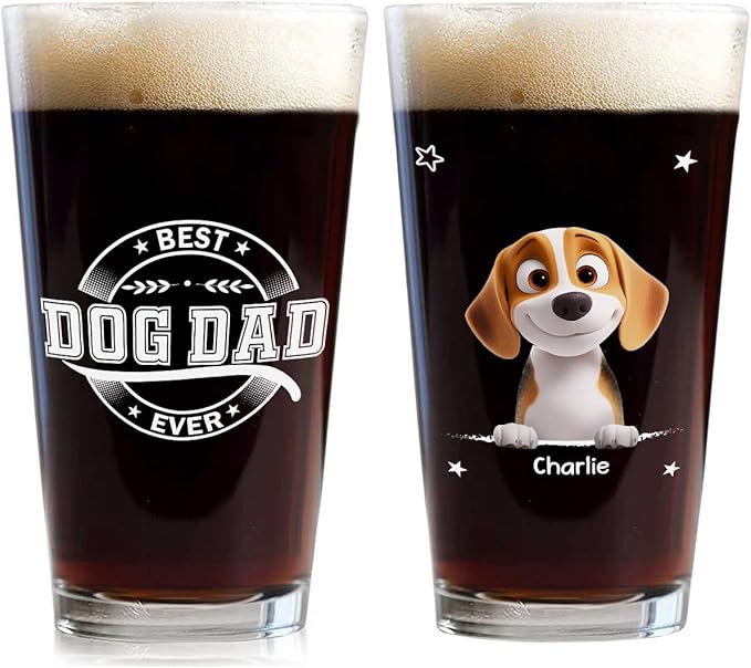 Wrappiness Best Mom Dad Logo Personalized Custom Beer Glass - 16oz Glassware for Beer Soda Cocktails - Gift for Dog Lovers, Father's Day, Birthday Gift for Parents (B01, 1 Dog)
