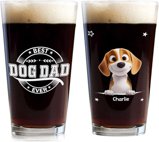 Wrappiness Best Mom Dad Logo Personalized Custom Beer Glass - 16oz Glassware for Beer Soda Cocktails - Gift for Dog Lovers, Father's Day, Birthday Gift for Parents (B01, 1 Dog)