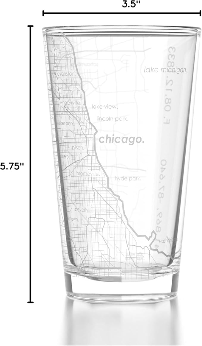 Well Told Engraved Chicago Illinois Map Pint Glass, Etched Beer Gift (16 oz, Clear) City Map Pint, Custom City Glassware, Gifts For Beer Lovers