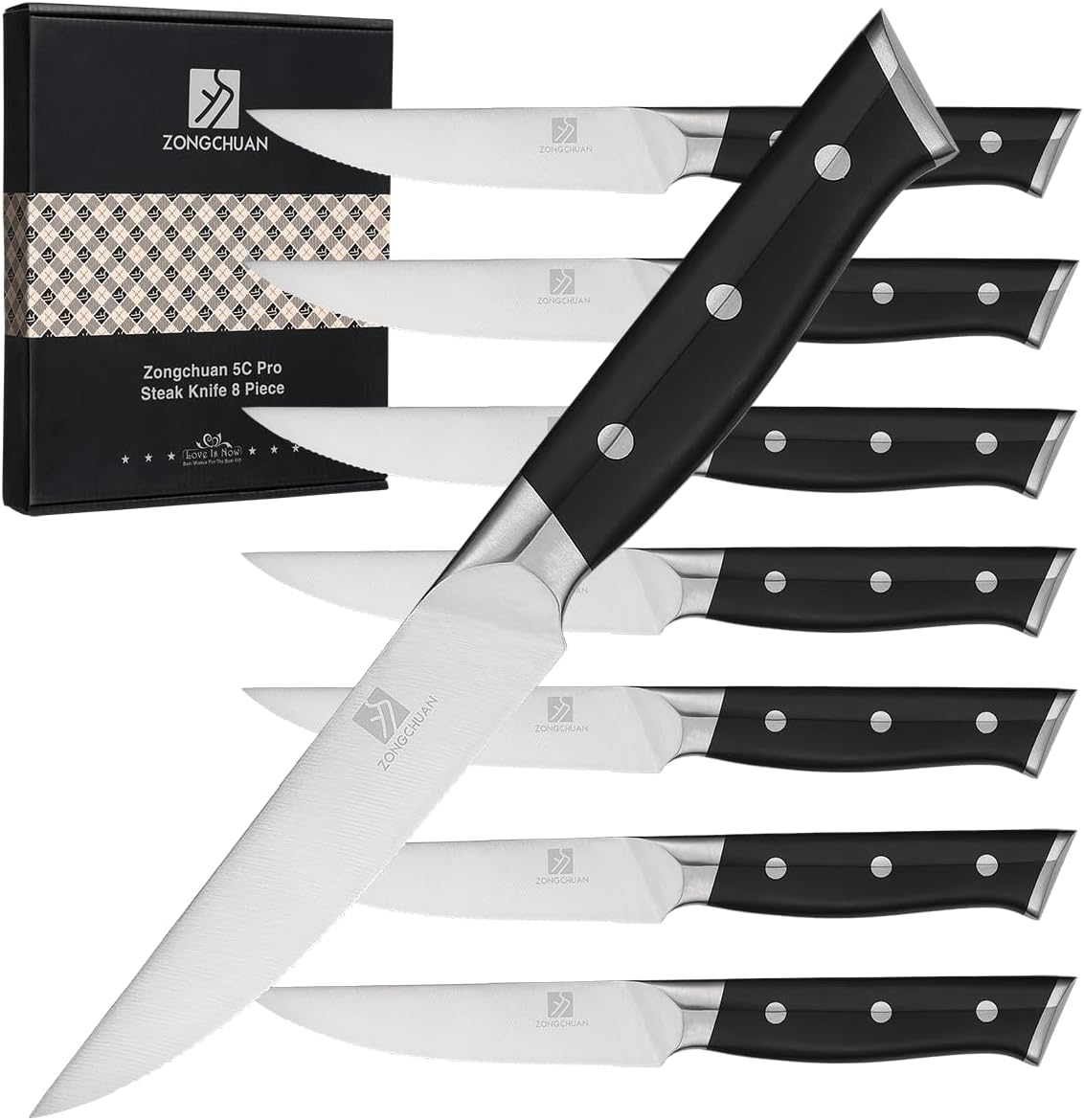 4.5 Inch Steak Knives Set of 8, Micro-Cutting Point Serrated Edge, Very Sharp Steak Knife, Dishwasher Safe, 50CR15MOV Stainless Steel, Handle Ergonomic And Full Tang Design With Gift Box