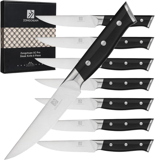 4.5 Inch Steak Knives Set of 8, Micro-Cutting Point Serrated Edge, Very Sharp Steak Knife, Dishwasher Safe, 50CR15MOV Stainless Steel, Handle Ergonomic And Full Tang Design With Gift Box