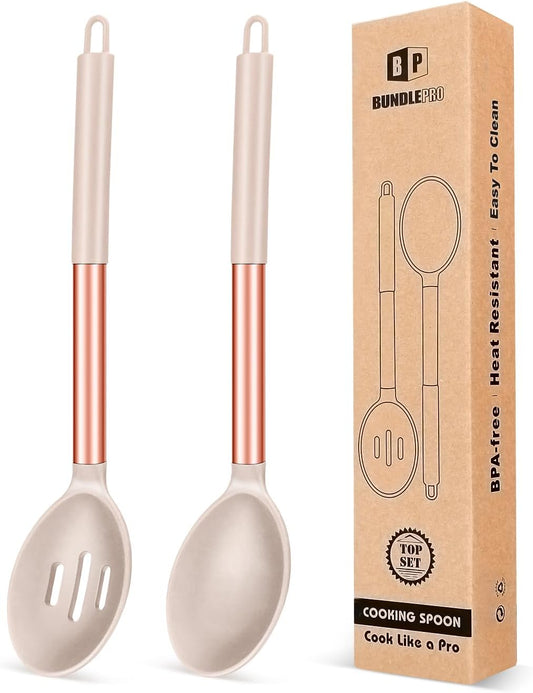 Pack of 2 Large Silicone Cooking Spoons,Non Stick Solid Basting Spoon,Heat-Resistant Kitchen Utensils for Mixing,Serving,Draining,Stirring (ROSE GOLD KHAKI)
