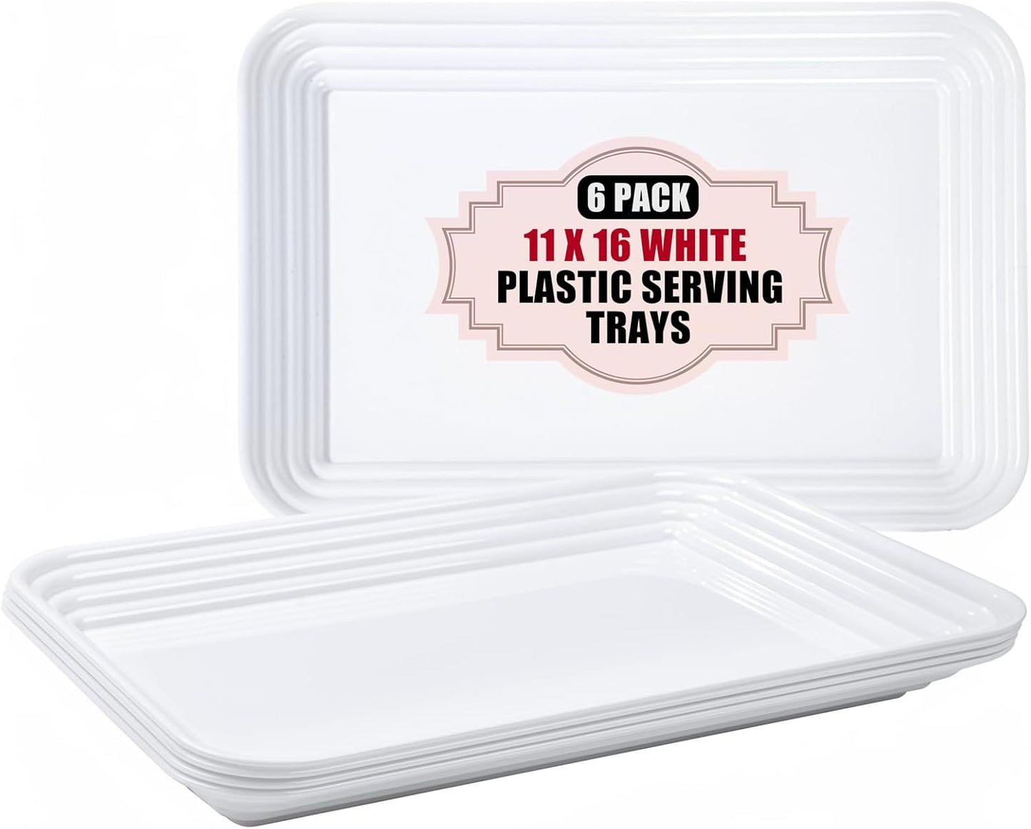 SUT 6-Pack White Serving Tray Plastic for Party Supplies, 16" x 11" Platters for Serving Food Party, White Reusable Tray for Veggie, Snack, Fruit, Cookies, Desserts in Kitchen/Pantry Serving Platter