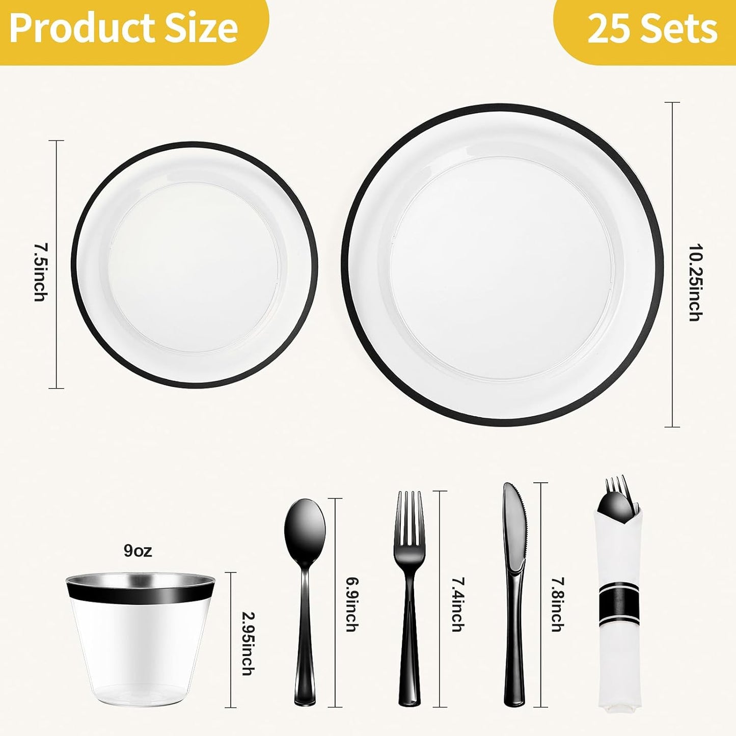 Goodluck 175 Piece Black Plastic Dinnerware Set for Party, Clear Disposable Plates for 25 Guests, Include: 25 Dinner Plastic Plates, 25 Dessert Plates, 25 Pre Rolled Napkins with Cutlery Set, 25 Cups