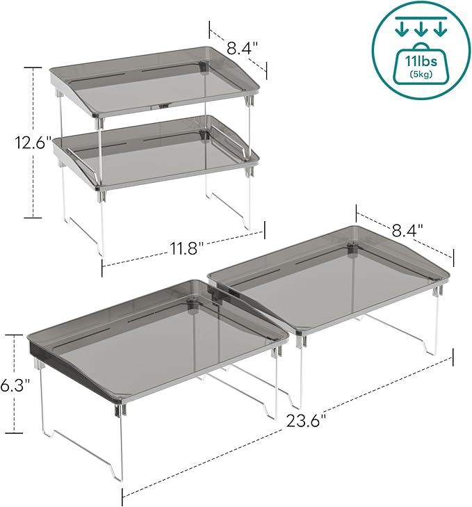 2 Pcs Cabinet Organizer Shelf，Stackable Kitchen Counter Shelves, Spice Rack,Countertop Organizers，Black Plastic Storage Shelves Rack for Makeup，Bathroom, Cupboard，Desk，Pantry Organization