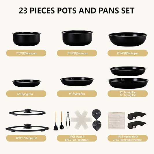 Bonnlo 23 PCS Non-Stick Cookware Set, Aluminum Pots and Pans Set with Removable & Detachable Handles, Induction RV Kitchen Cook Set, Microwave Safe, PFAS PFOA & PFOS Free, for Gift