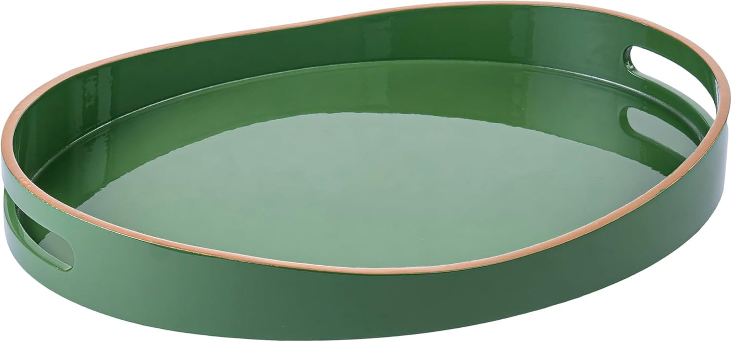 PEMAR 15.7" x 11.8" Oval Lacquer Serving Tray, Handmade Polished Coffee Table Tray w Insert Handles, Luxury Decorative Platters for Dining, Party, Dinner, Breakfast in Bed (Green)