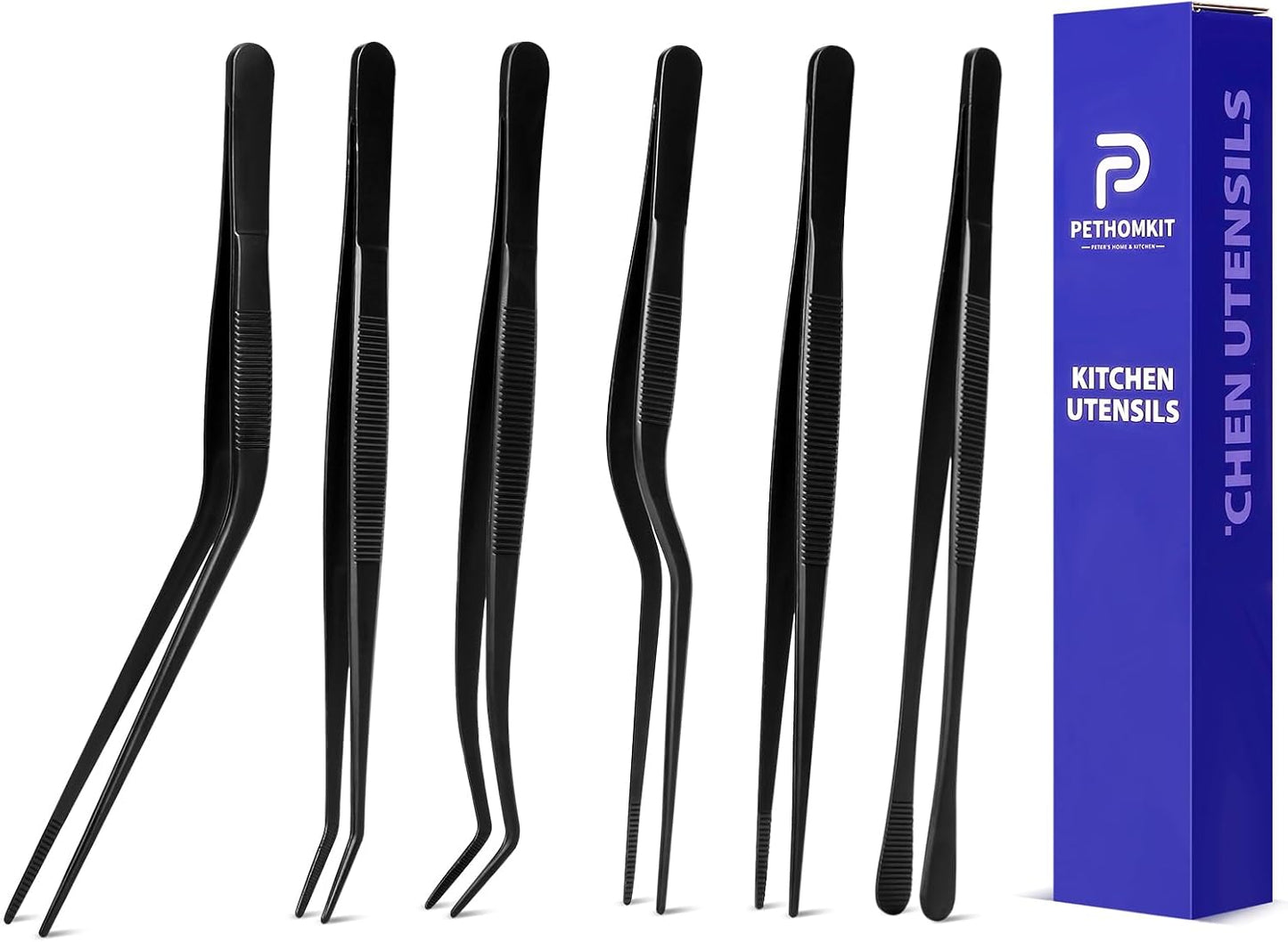 Kitchen Tweezer Tongs Set,6 Pcs Kitchen Tweezers,6.3" Cooking Tweezers Set,Stainless-Steel Food Chef Culinary Tweezers Tongs for Baking Decorating Feeding Plating,Black