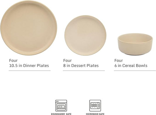 Gibson Elite Pasco 12 Piece (Service for 4) Plates and Bowls Reactive Glaze Dishes Stoneware Ceramic Dinnerware Set - Taupe