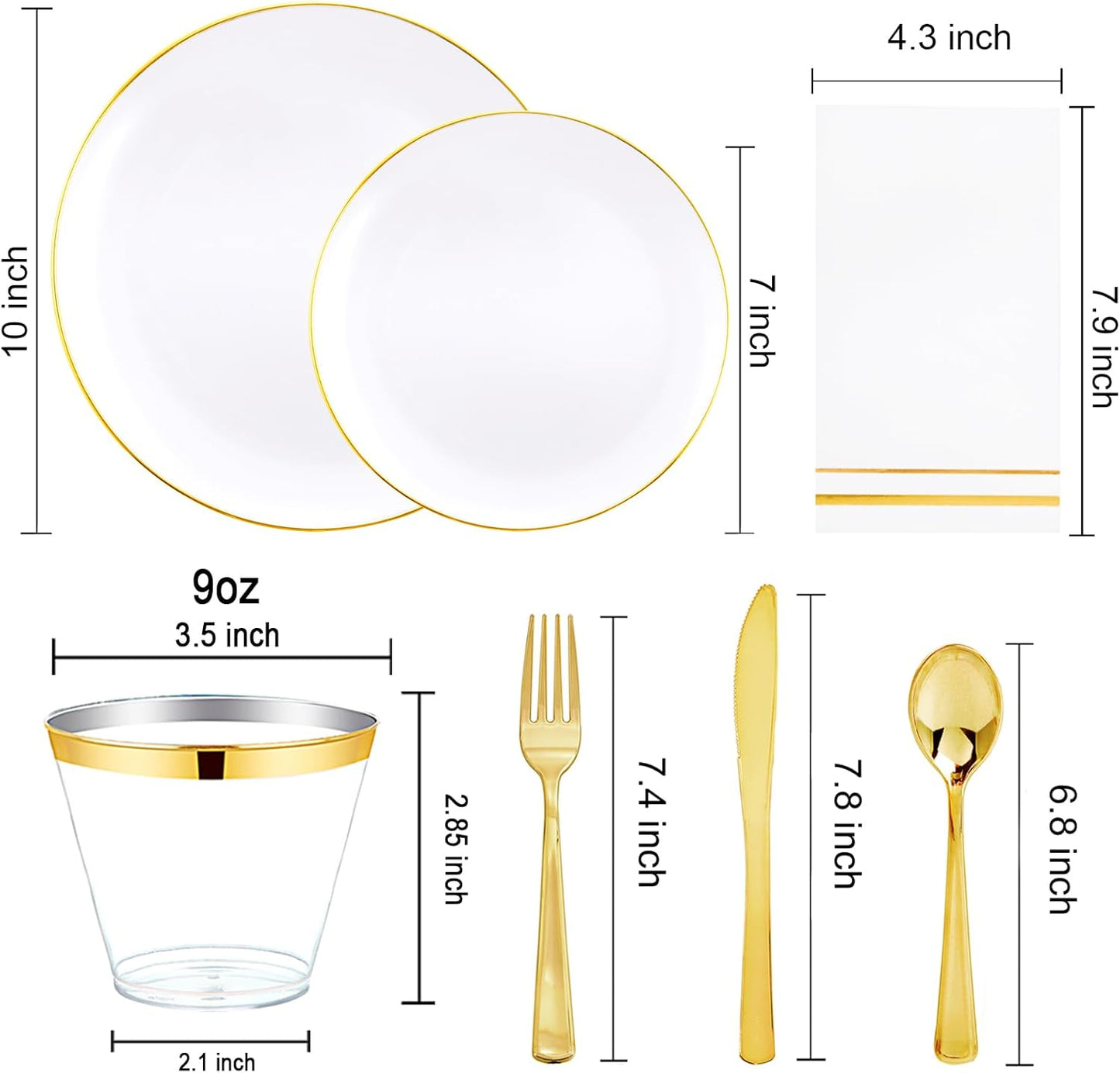 Festiva 350Pcs Gold Plastic Plates - White and Gold Dinnerware Set Disposable include 10" & 7" Plates,Cups,Silverware,Napkins -serve 50 Guests Perfect for Wedding& Chritmas &Thanksgiving Party