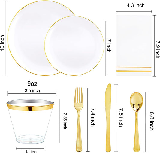 Festiva 350Pcs Gold Plastic Plates - White and Gold Dinnerware Set Disposable include 10" & 7" Plates,Cups,Silverware,Napkins -serve 50 Guests Perfect for Wedding& Chritmas &Thanksgiving Party